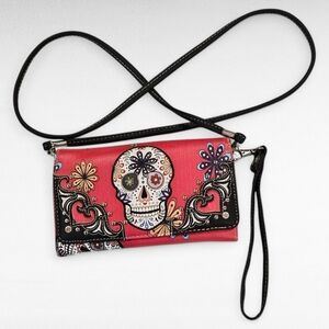 Sugar Skull Trifold Crossbody Wallet
